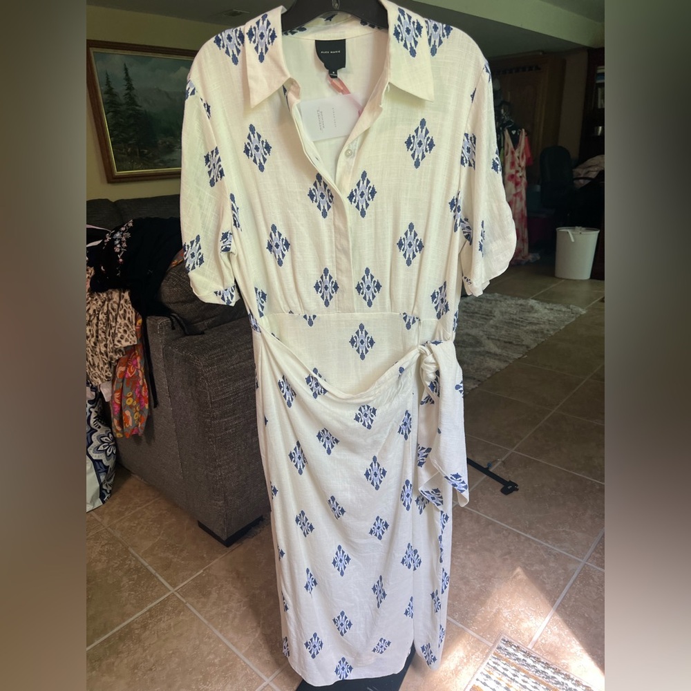 Alex Marie Ivory Midi Dress with Navy Diamond Print